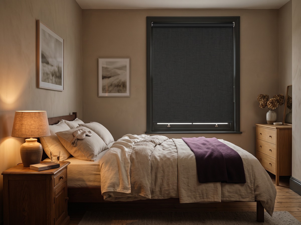 Charcoal blackout roller blind in a lamplit bedroom at dusk