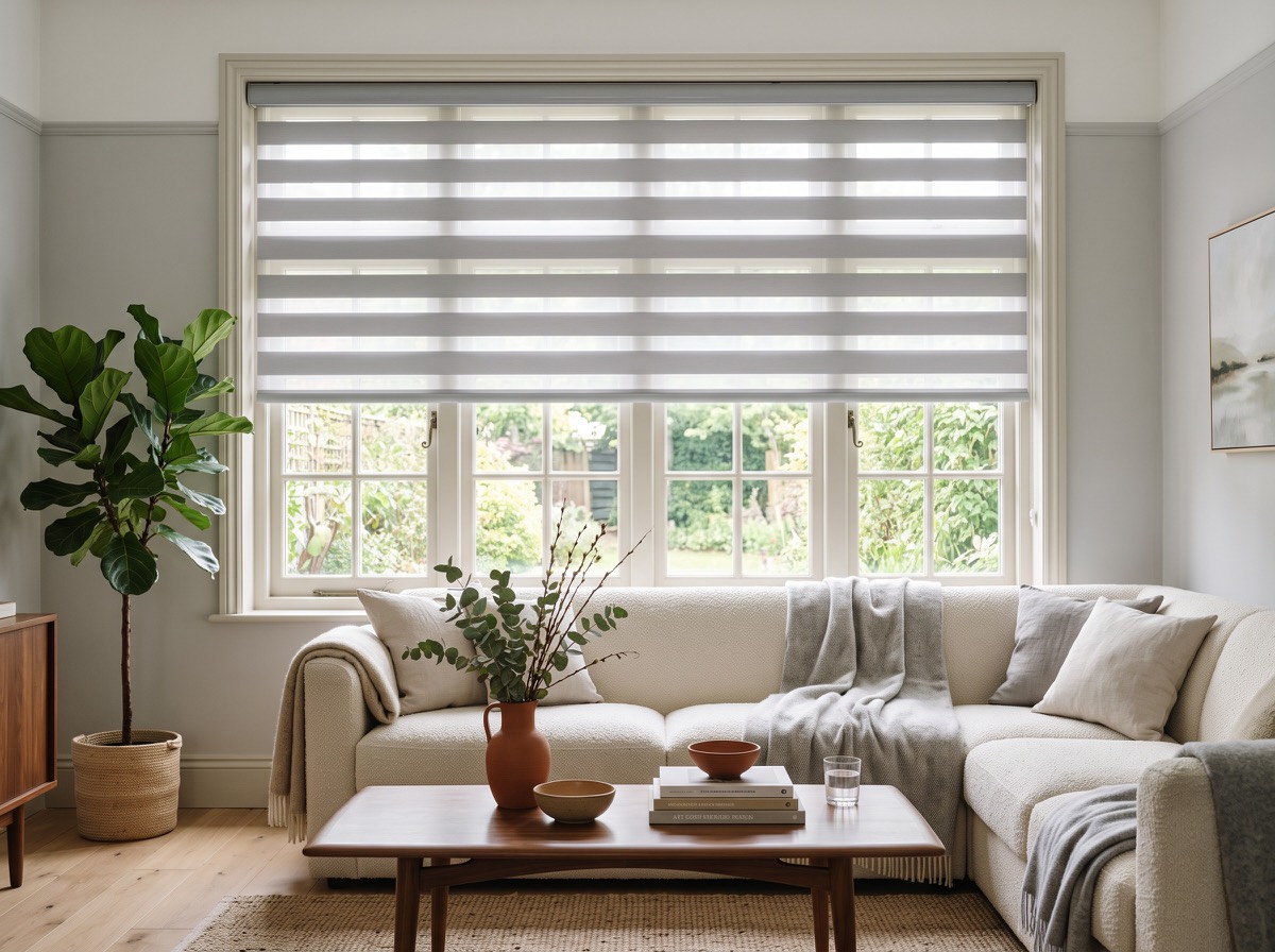Grey and sheer striped day and night blind in a modern lounge