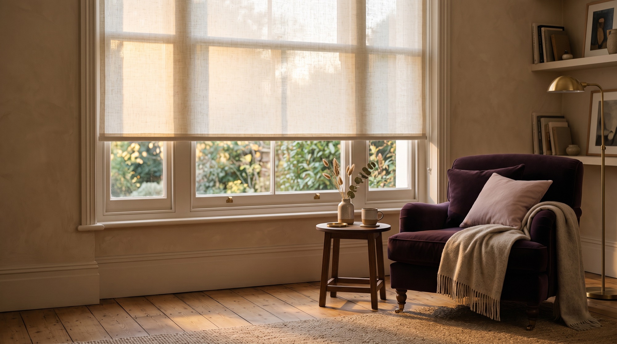 A cream linen roller blind half-drawn in a warm living room at golden hour, light glowing through the fabric