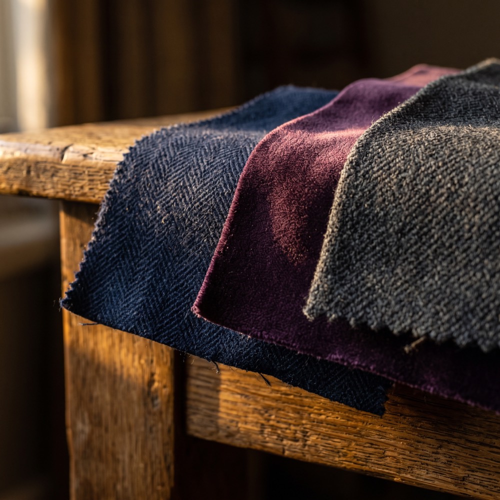 Deep navy herringbone, aubergine and charcoal woven blind fabrics in low golden light