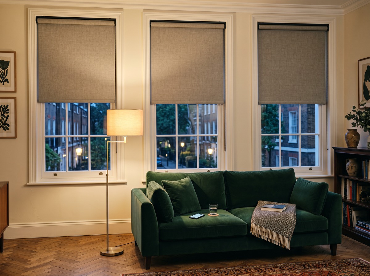 Three aligned motorised roller blinds in an evening living room