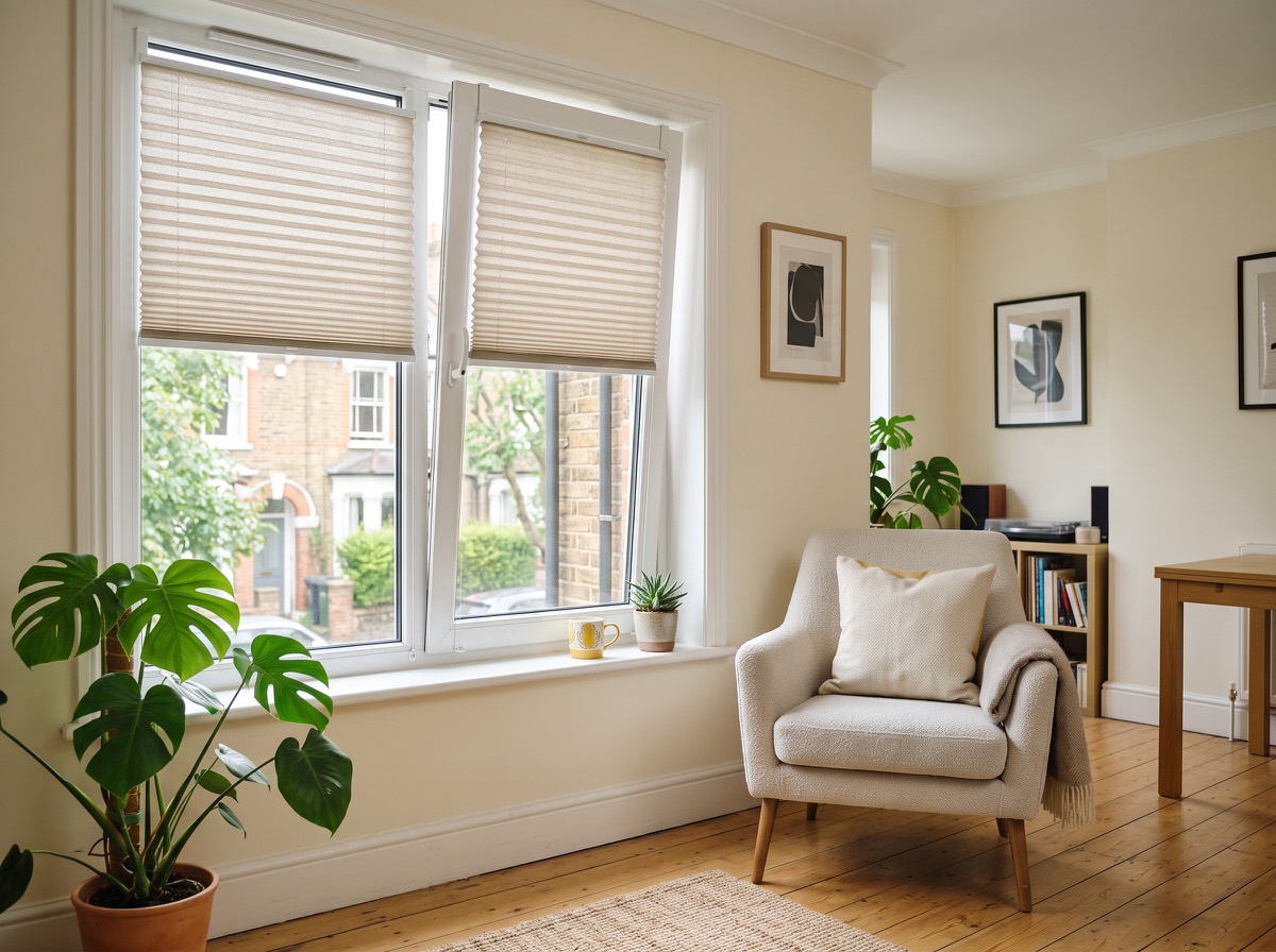 Clamp-fit pleated blinds on a tilted uPVC window in a bright rented flat