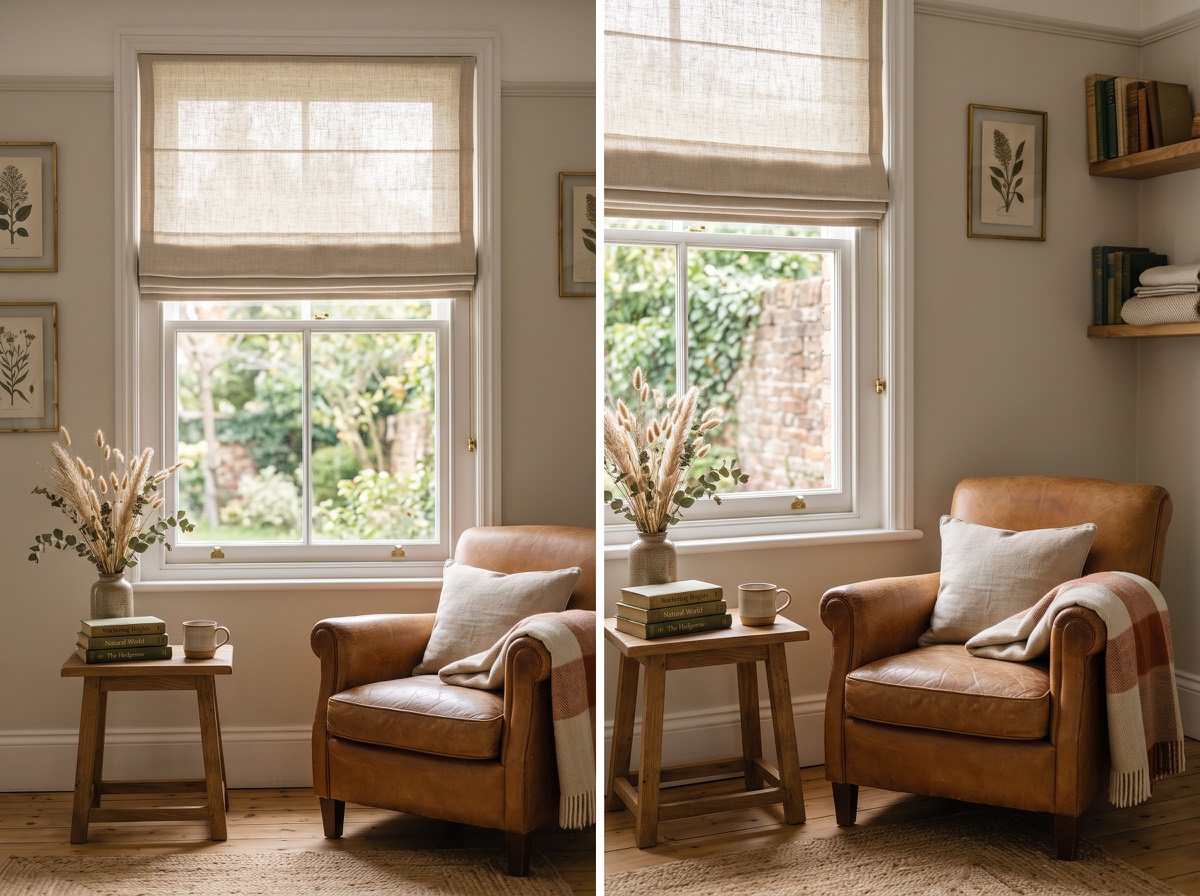 Oatmeal linen roman blind above a leather reading chair