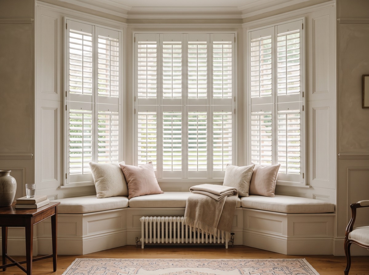 White plantation shutters around a bay window seat