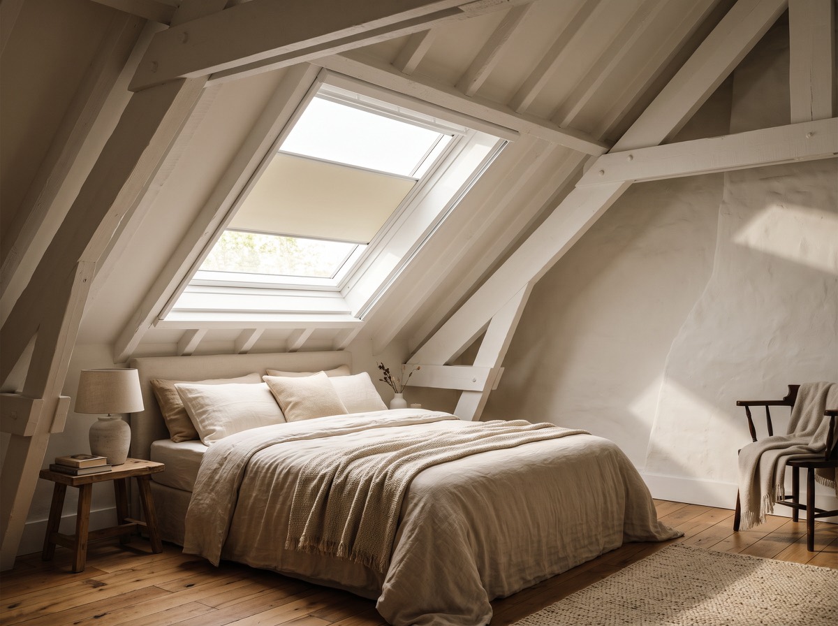 Cream blackout skylight blind in a pitched loft ceiling