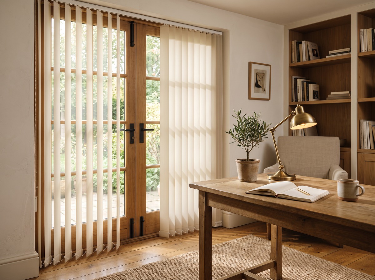 Cream vertical blinds across french doors in a home office