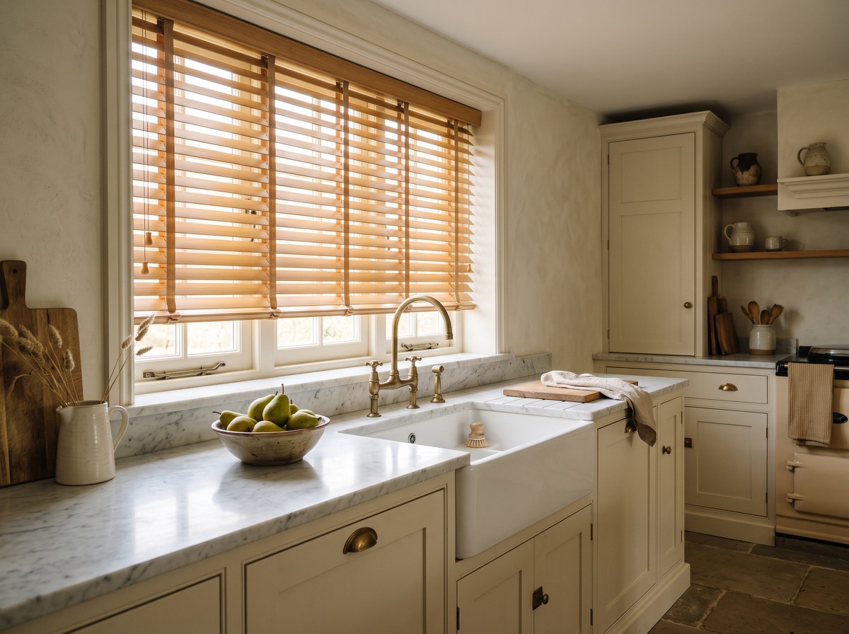 Honey-toned wooden venetian blinds over a farmhouse kitchen sink