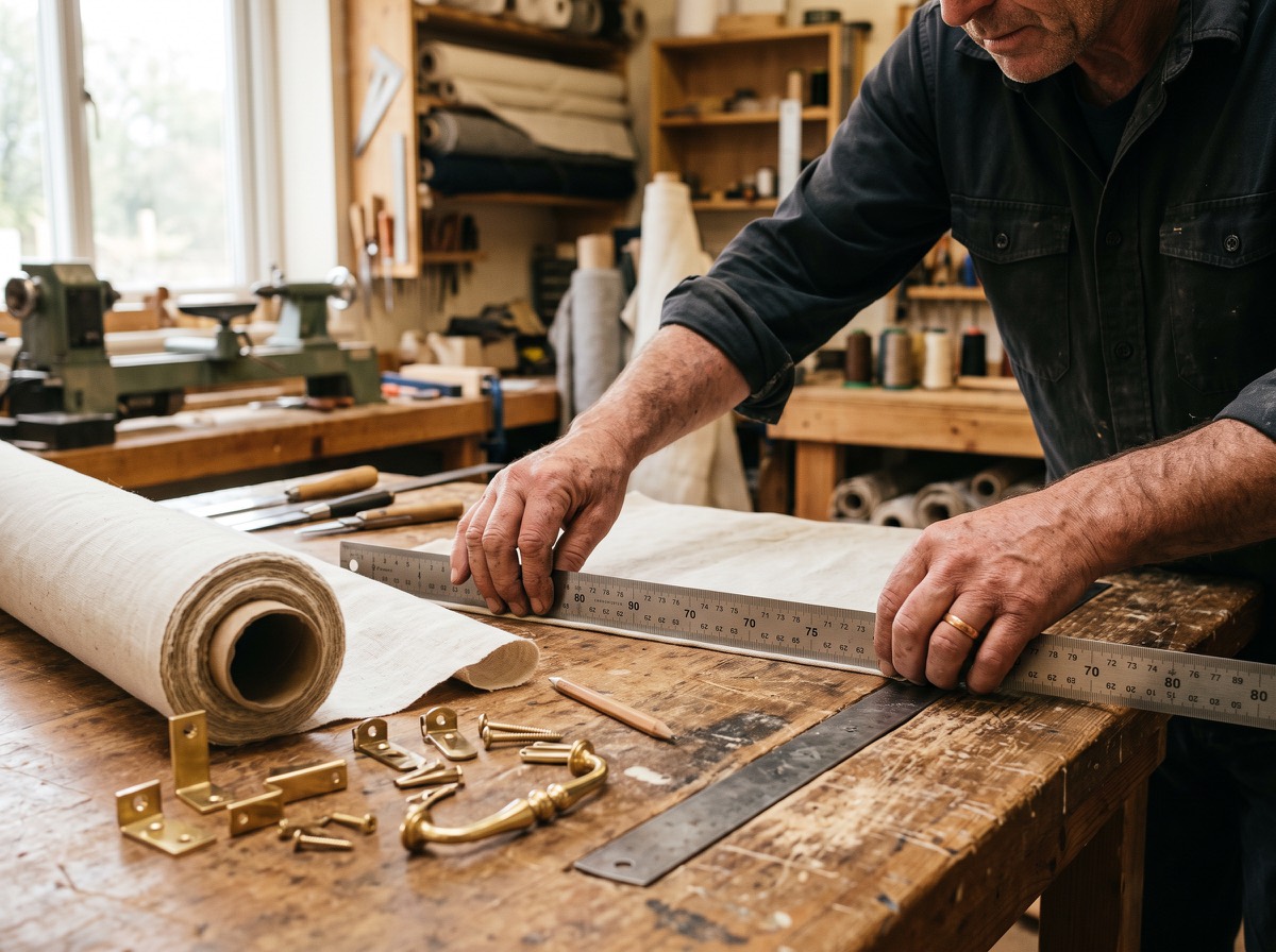 A craftsman's hands measuring cream roller blind fabric against a steel rule on a workshop bench